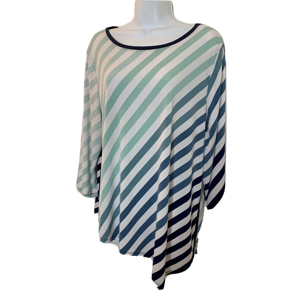 Chicos Easywear wms 2 L Blue Stripes Asymmetrical Keyhole 3/4 Sleeve Top (10)